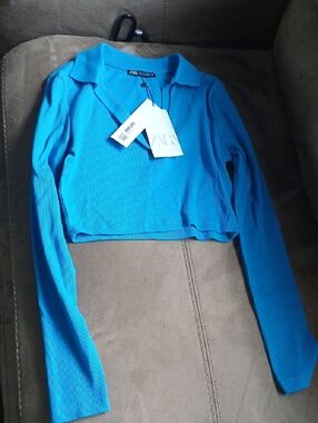 Zara Turquoise Ribbed Long-Sleeve Cropped Polo